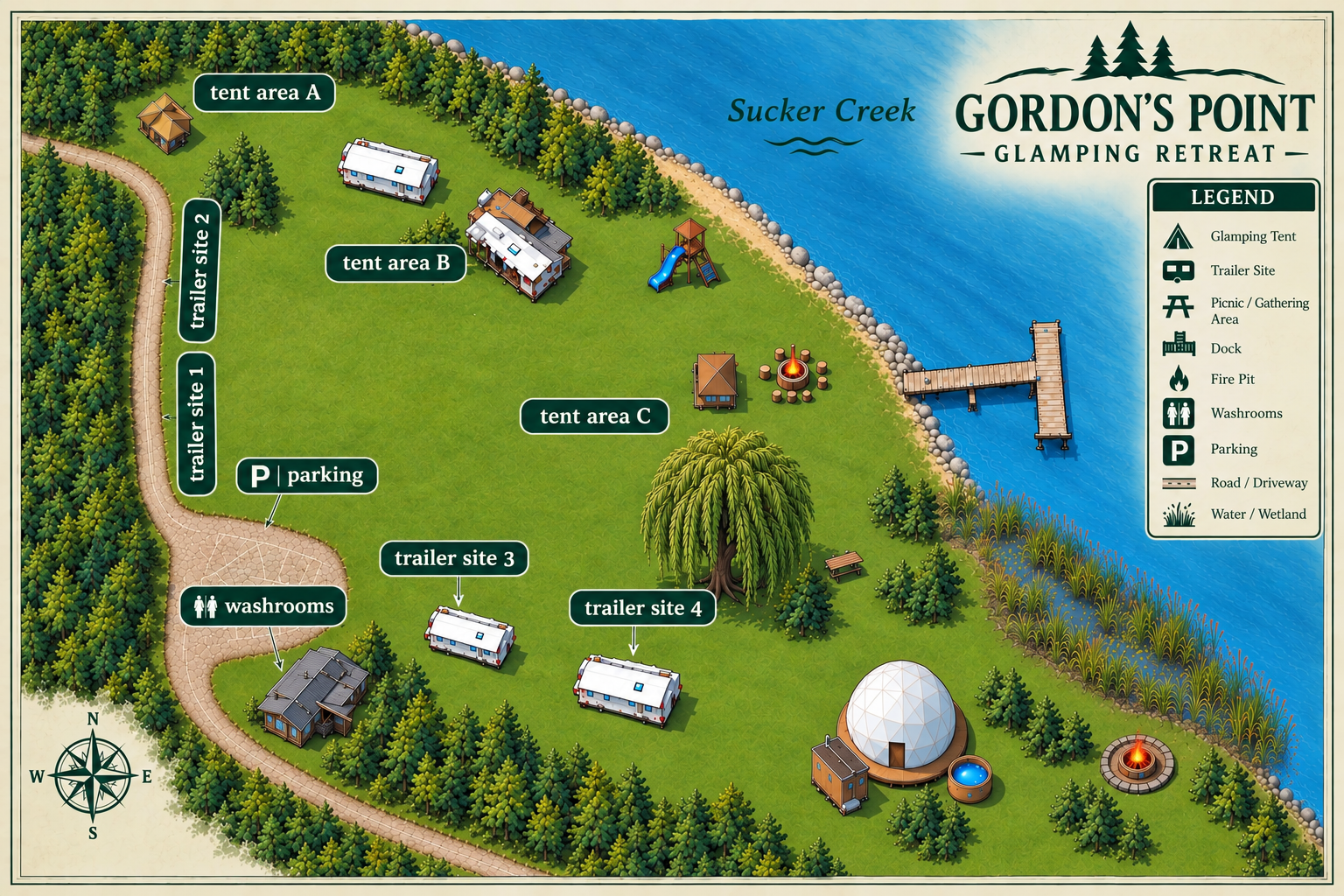 Illustrated map of Gordon's Point Glamping Retreat showing tent areas, trailer sites, the Geodome, dock, beach, fire pits and washrooms
